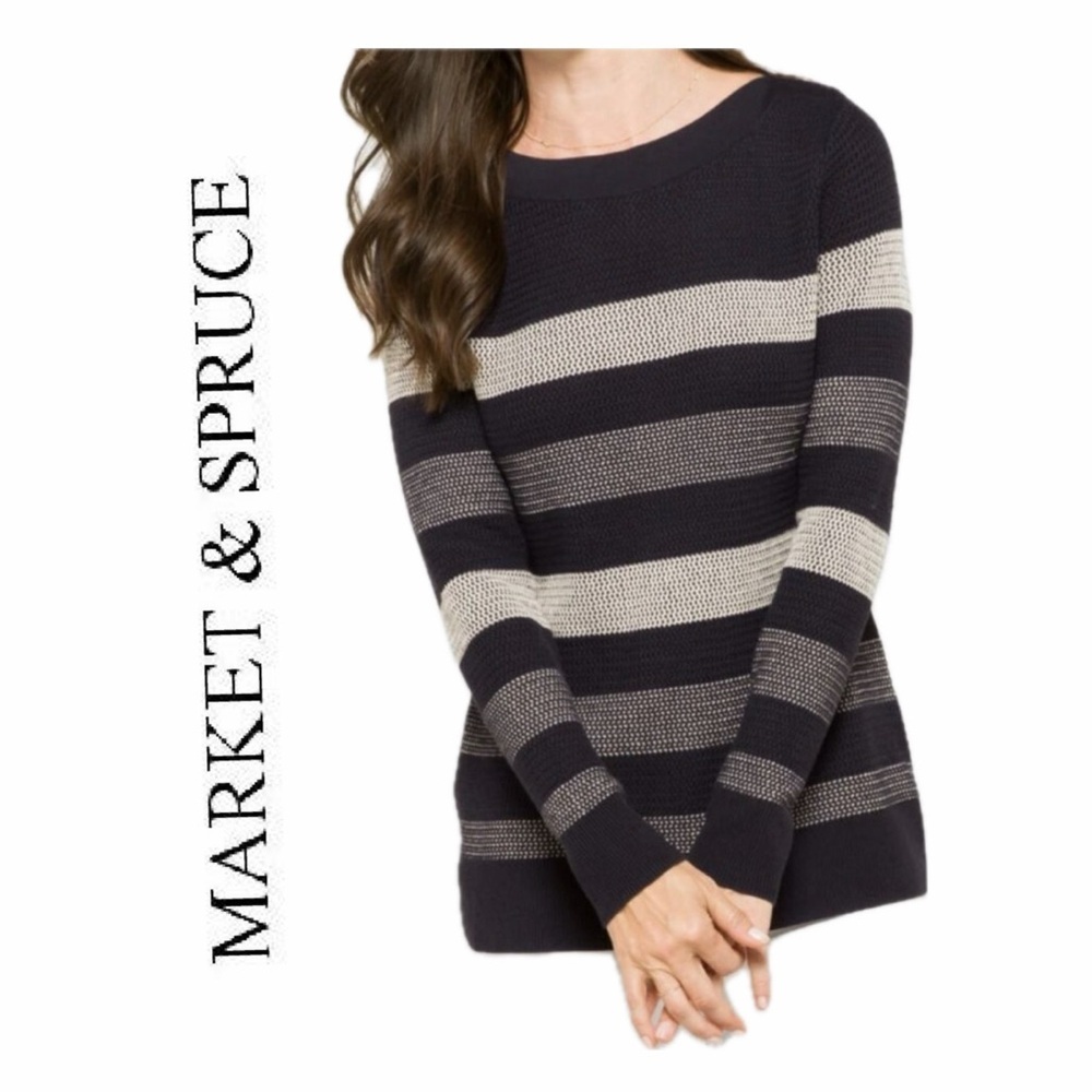 Market & Spruce Sweater Striped Boat Neck Tawnee Waffle Stitch Sz Xs Cabin Core‎